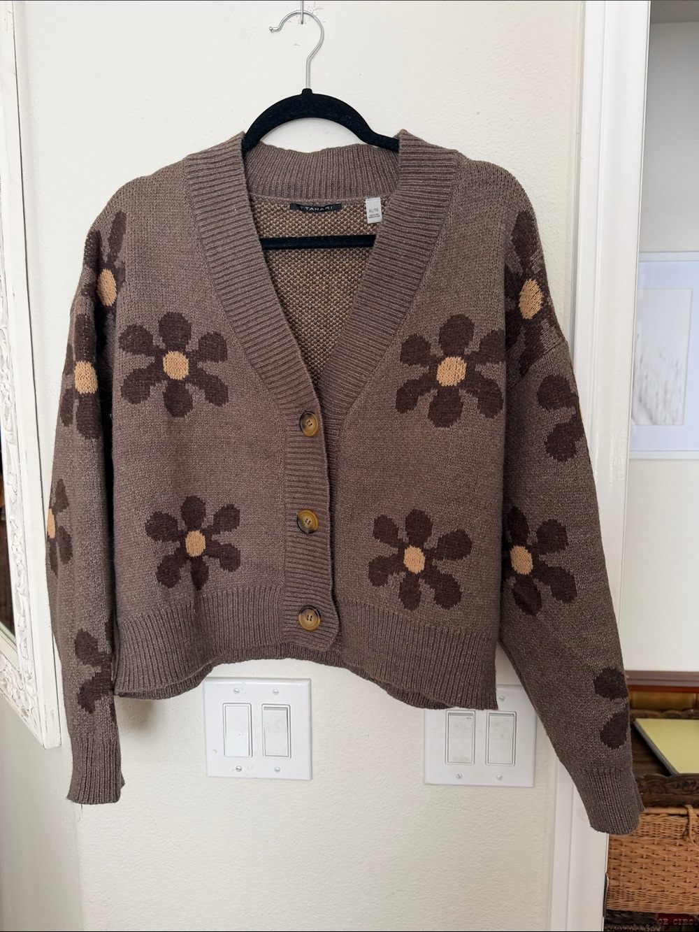 Tahari Brown Floral Button-Front Cardigan Sweater